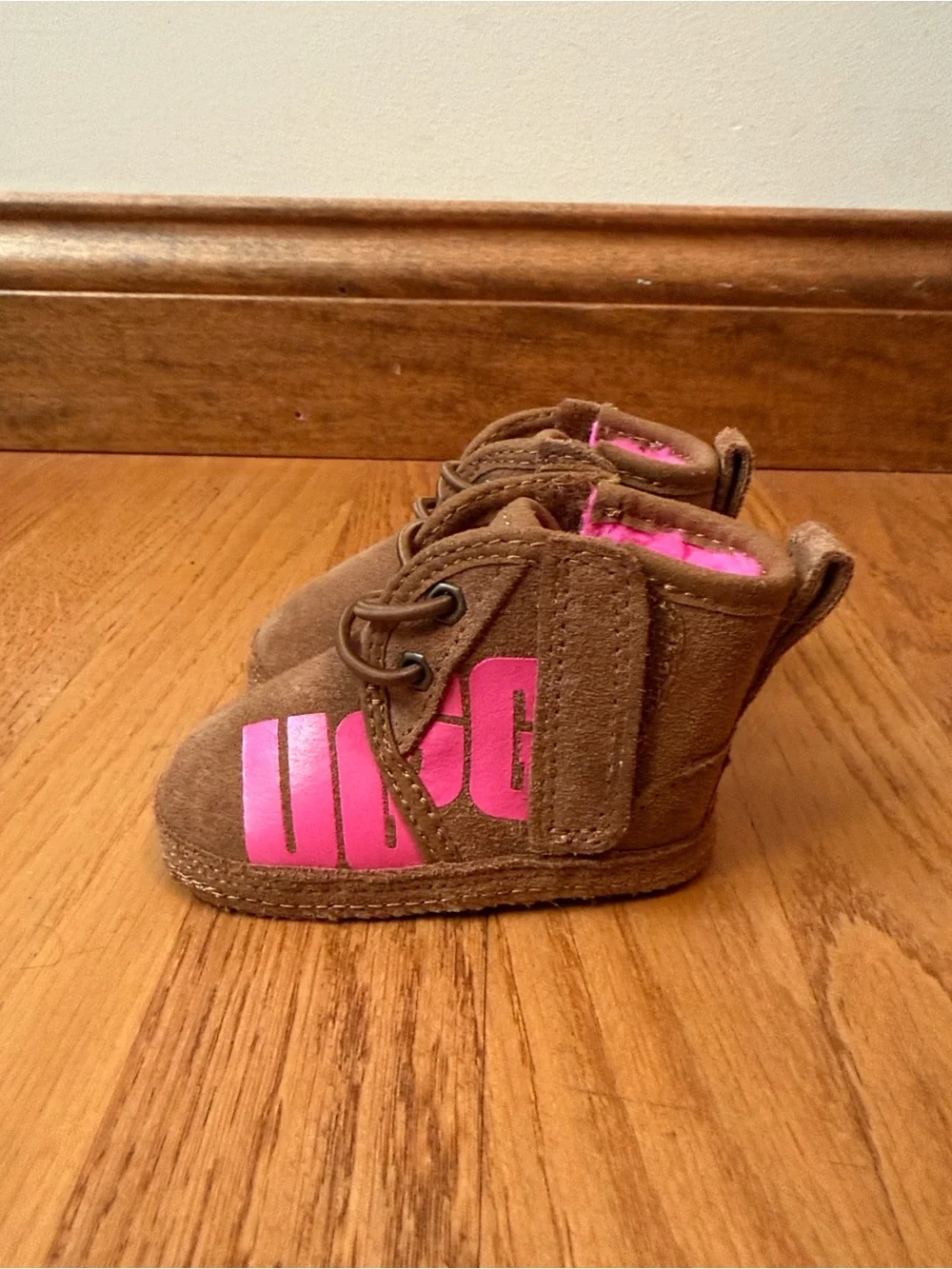 UGG Baby Booties Leather Suede Velcro Side Closure Brown Hot Pink Like new US0/1